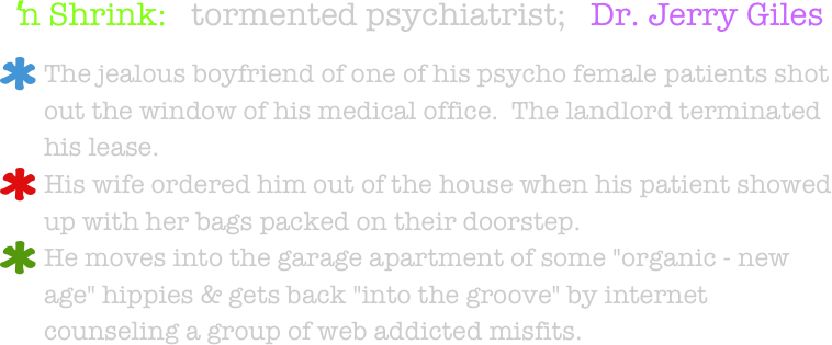 'n Shrink:   tormented psychiatrist;   Dr. Jerry Giles

The jealous boyfriend of one of his psycho female patients shot out the window of his medical office.  The landlord terminated his lease.
His wife ordered him out of the house when his patient showed up with her bags packed on their doorstep.  
He moves into the garage apartment of some "organic - new age" hippies & gets back "into the groove" by internet counseling a group of web addicted misfits.